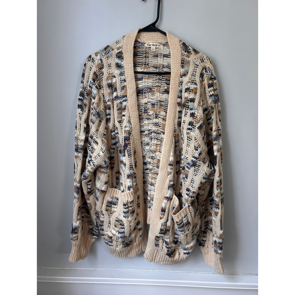 Indigo Thread Co Womens Chunky Cable Knit Cardigan Sweater Cream Blue Large